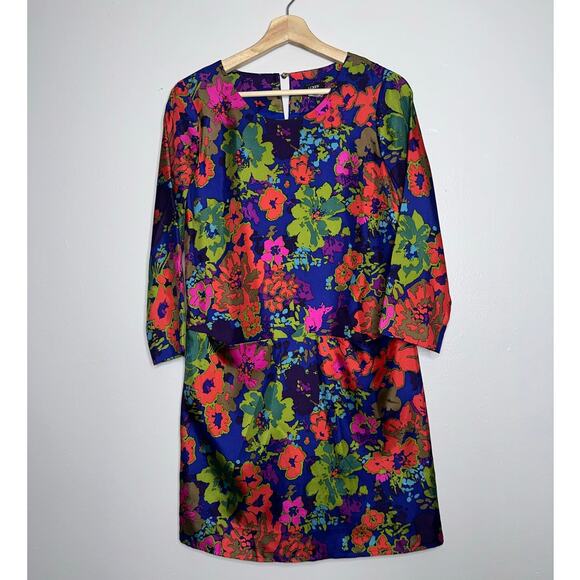 J.Crew Silk Jules Dress Blue Ashbury Floral Shift Long Sleeve Pockets 00 - Picture 2 of 8